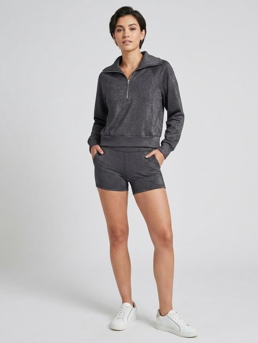Spanx Air Essentials Shine 1/2 Zip Very Black Gunmetal w Shimmer Women's XS NWT